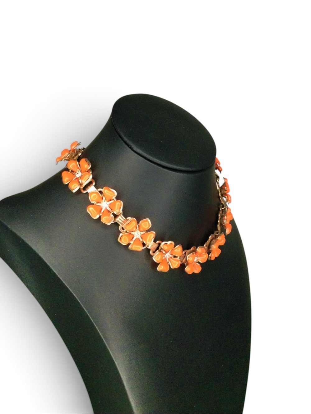 Vintage Orange Thermoset & Rhinestone Brass-Tone Floral Statement Necklace - Picture 6 of 14